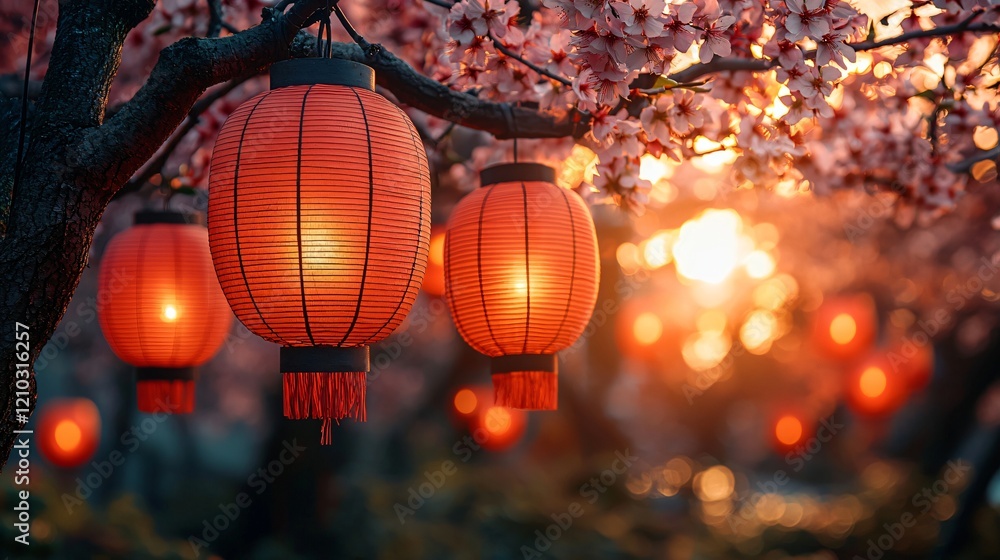 Glowing Lanterns & Cherry Blossoms at Sunset Glowing Lanterns & Cherry Blossoms at Sunset