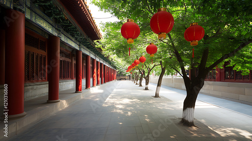 Peaceful temple walkway with red lanterns, tranquil tree-lined path in a serene courtyard ambiance, perfect for reflection photo