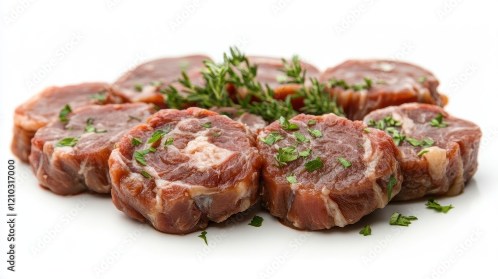 Fresh Raw Beef Cuts with Green Herbs on White Background Fresh Raw Beef Cuts with Green Herbs on White Background