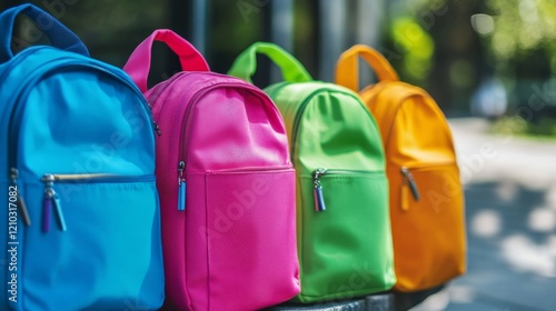Cartoon school bags. Colorful school backpacks, cute school bags with school supplies and notebooks, textile kids backpacks flat vector illustration set. Multicolored backpacks collection