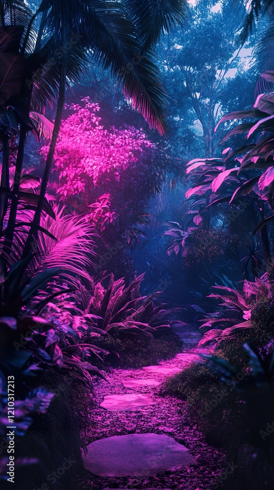 Fototapeta premium Enchanted Neon Jungle Path: A Dreamlike Night Walk