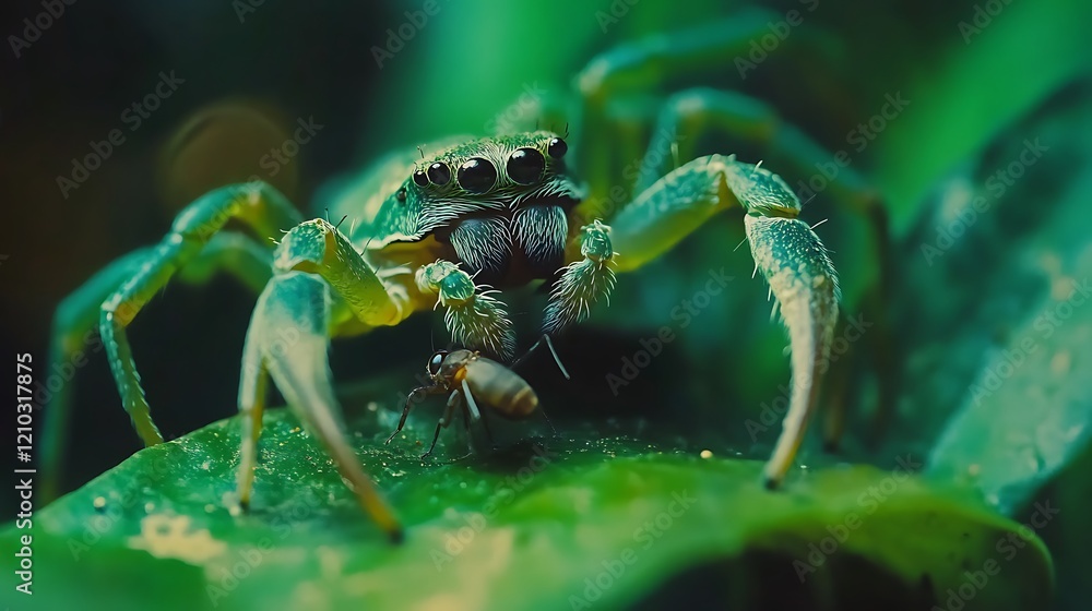 Green crab spider oxytate virens eat fly on green leaf insect macro selective focus Green crab spider oxytate virens eat fly on green leaf insect macro selective focus