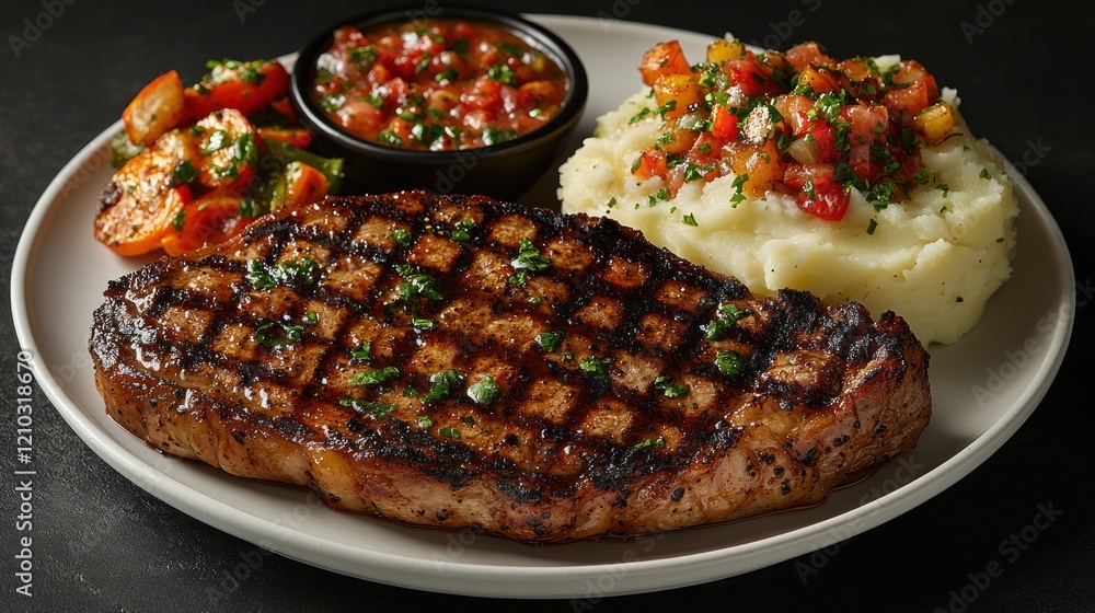 Grilled steak, mashed potatoes, salsa, menu Grilled steak, mashed potatoes, salsa, menu