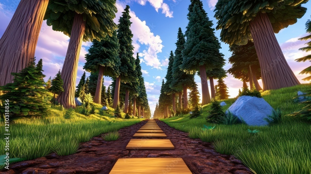 Obraz premium Scenic Forest Pathway Surrounded by Lush Green Trees and Sky