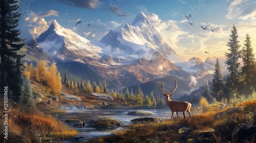 a stunning mountain landscape captured in this digital art piece, with elements of frostpunk and wildlife photography