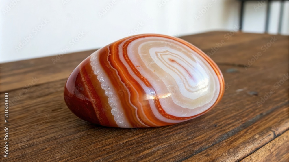 Brazilian Banded Agate on a wooden table, layered stone, banded pattern Brazilian Banded Agate on a wooden table, layered stone, banded pattern