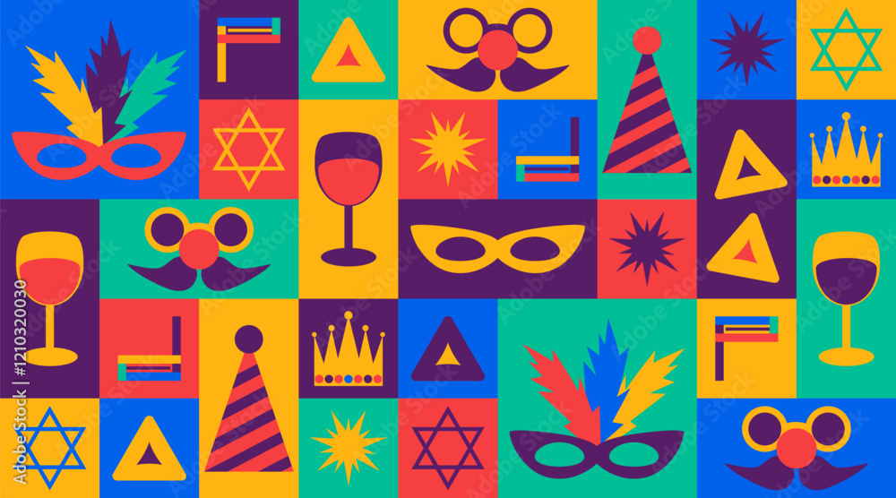 Colorful Purim themed banner with masks, crowns, hamantaschen, wine glasses, groggers, and Star of David symbols on a vibrant background. Geometry vector modular background Colorful Purim themed banner with masks, crowns, hamantaschen, wine glasses, groggers, and Star of David symbols on a vibrant background. Geometry vector modular background