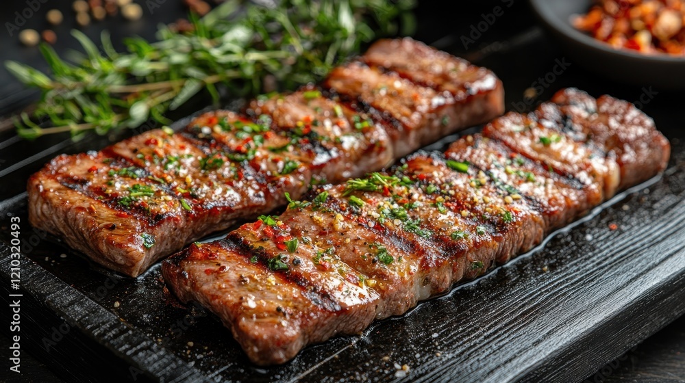 Grilled steaks, herbs, dark board, kitchen Grilled steaks, herbs, dark board, kitchen