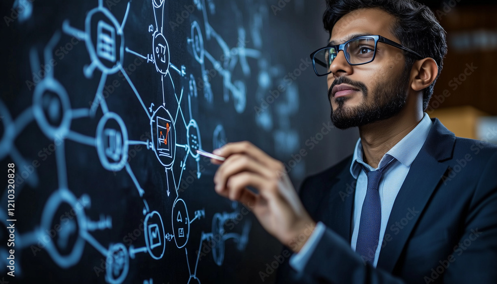 Indian business consultant using a flowchart to illustrate a process improvement Indian business consultant using a flowchart to illustrate a process improvement