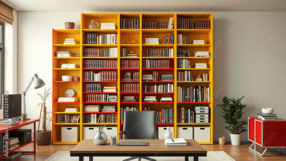 Brightly colored yellow and red bookcase in a home office with books and office supplies, office decor, work from home, business
