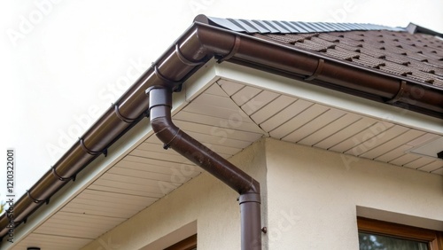 Brown PVC gutter attached to downpipe on steeply pitched roof edge, roof detail, building feature, sloping roof, exterior construction, architectural design photo