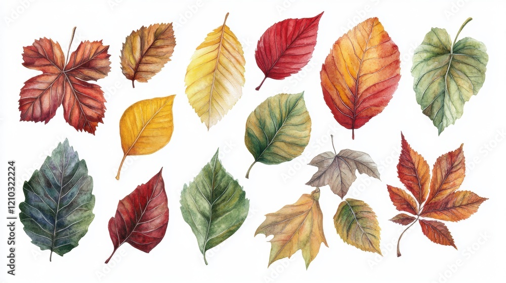 Fototapeta premium Colorful Autumn Leaves Collection with Various Shapes and Textures