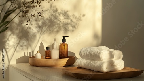 Wallpaper Mural Minimalist spa arrangement with a diffuser, amber bottles, and soft towels on a wooden tray, set against a serene background. Torontodigital.ca