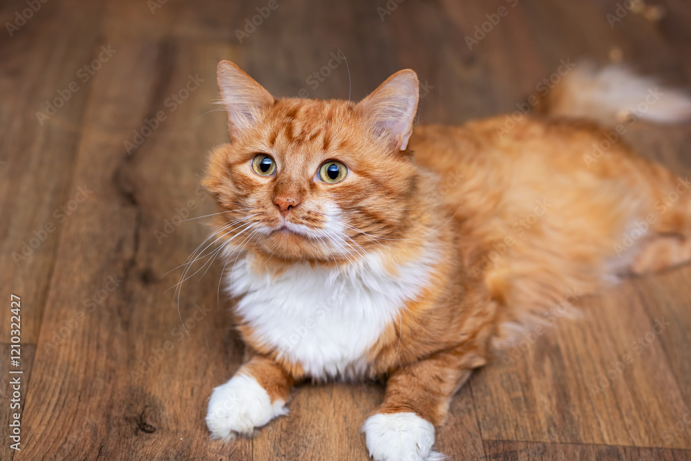 An orange and white cat on a wooden floor with milk dribbling An orange and white cat on a wooden floor with milk dribbling
