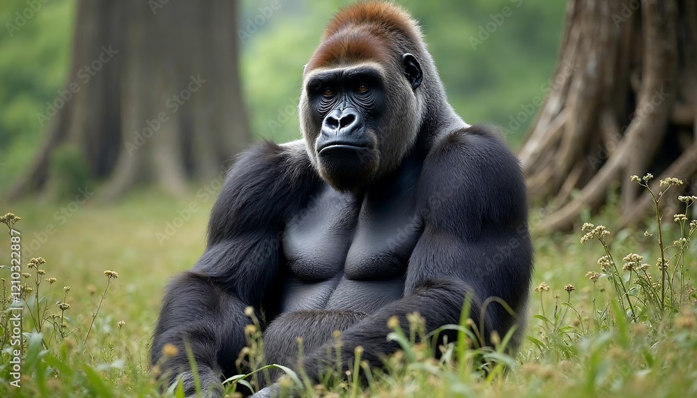 Powerful Gorilla in Lush Green Habitat Powerful Gorilla in Lush Green Habitat