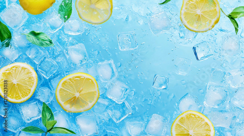 Refreshing lemon slices and ice cubes on a blue background