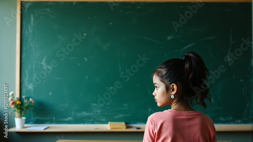 A young girl in a pink shirt sits in front of a green chalkboard, thoughtful and attentive. photo