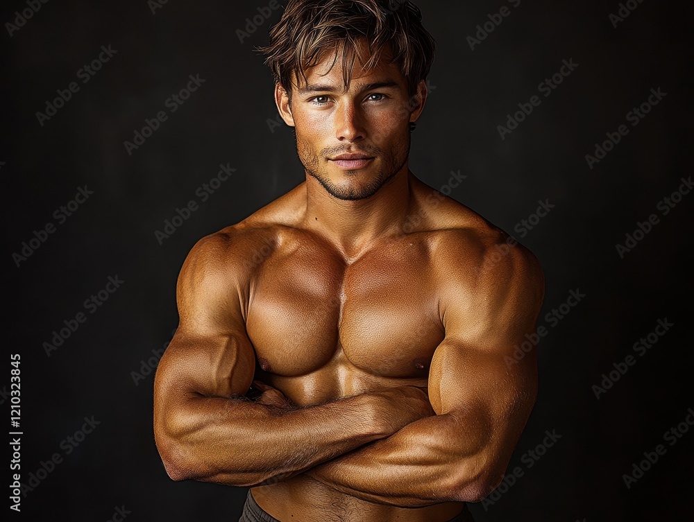 A muscular man poses confidently with arms crossed, showcasing fitness and strength. A muscular man poses confidently with arms crossed, showcasing fitness and strength.