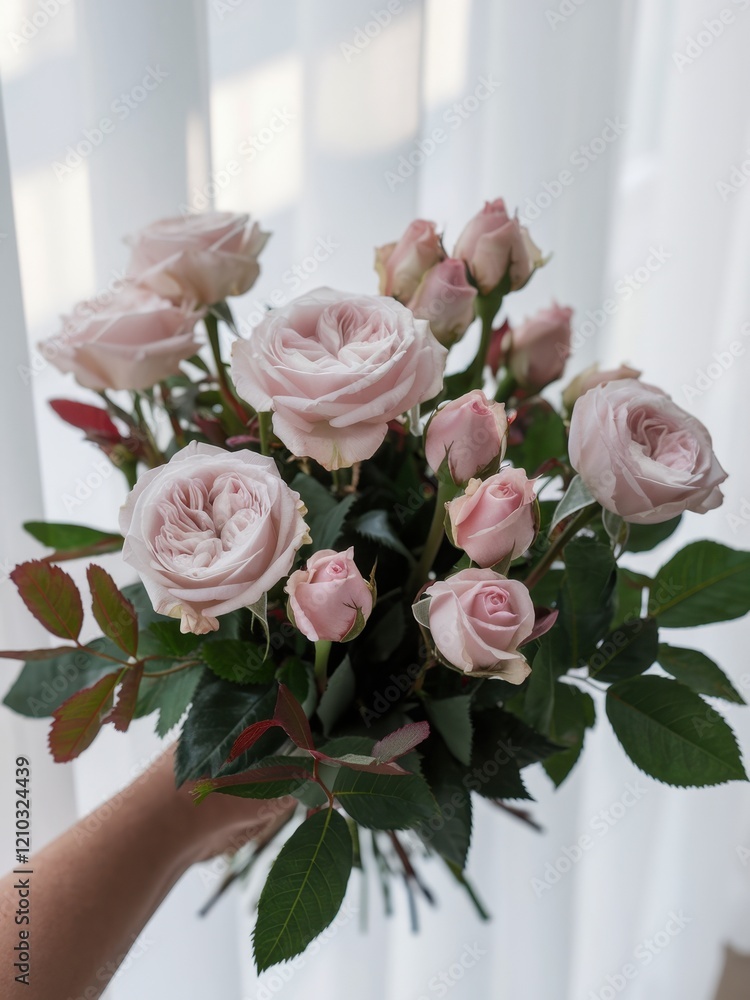 Obraz premium Beautiful bouquet of soft pink roses held against a light backdrop