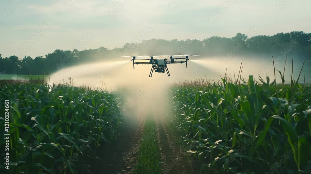 A drone is actively spraying nutrients and chemicals over green corn plants in a verdant field