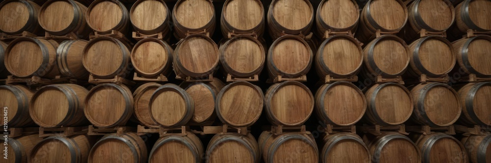 Close-up of wooden wine barrels arranged in triangle shape, cellar, winery, vintage, wine, triangle Close-up of wooden wine barrels arranged in triangle shape, cellar, winery, vintage, wine, triangle