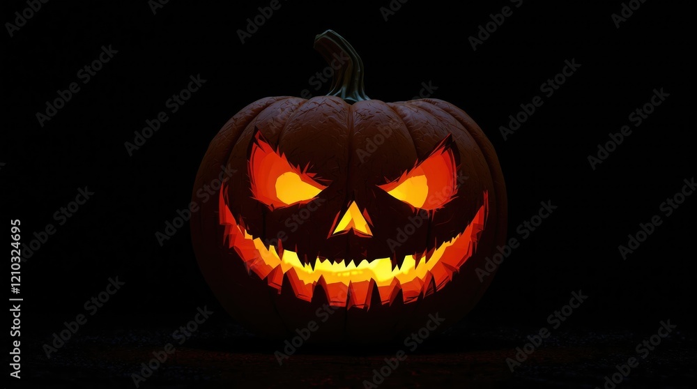 Carved pumpkin face with eerie smile on black background, harvest, eerie Carved pumpkin face with eerie smile on black background, harvest, eerie