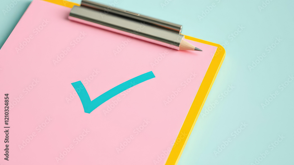 Close-up of yellow clipboard with pencil and checkmark on pastel pink paper, business, office supplies, checkmark, close-up Close-up of yellow clipboard with pencil and checkmark on pastel pink paper, business, office supplies, checkmark, close-up