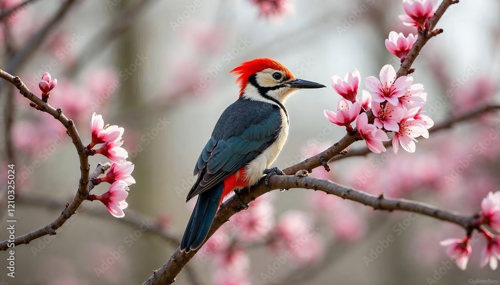 Red-headed Woodpecker on Cherry Blossom Branch Red-headed Woodpecker on Cherry Blossom Branch
