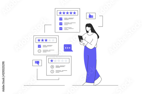 Customer review, satisfaction, feedback. Woman analyze customer comments with different experience. Flat Cartoon Vector Illustration, icon. Stylish abstract Web