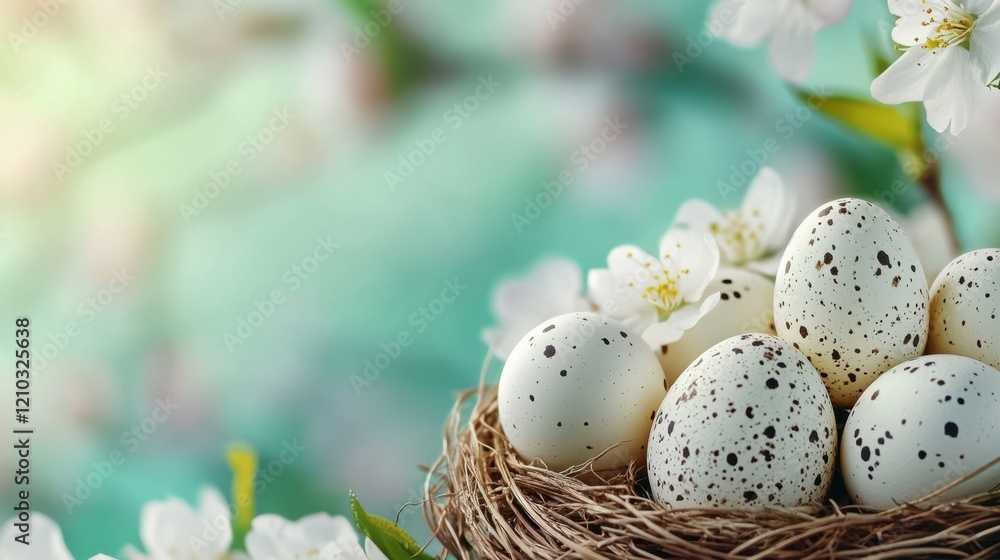 Beautiful speckled eggs in a nest surrounded by delicate flowers Beautiful speckled eggs in a nest surrounded by delicate flowers