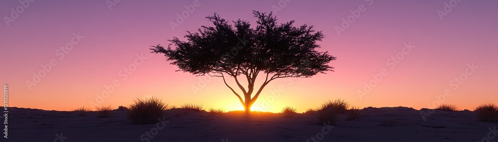 Naklejka premium Desert sunset tree silhouette, tranquil landscape, peaceful background, nature photography