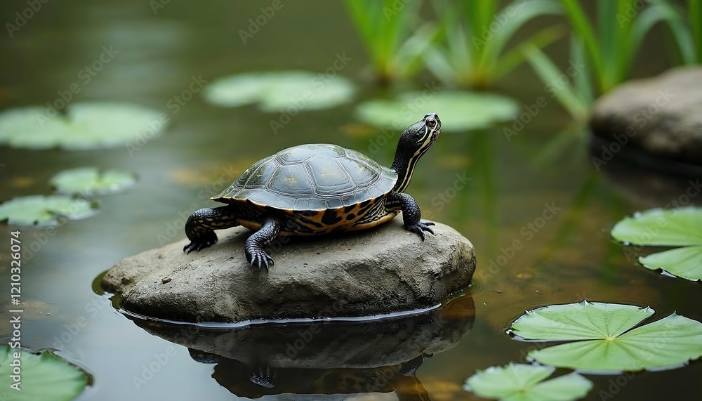 Fototapeta premium Serene Turtle on Rock in Peaceful Pond