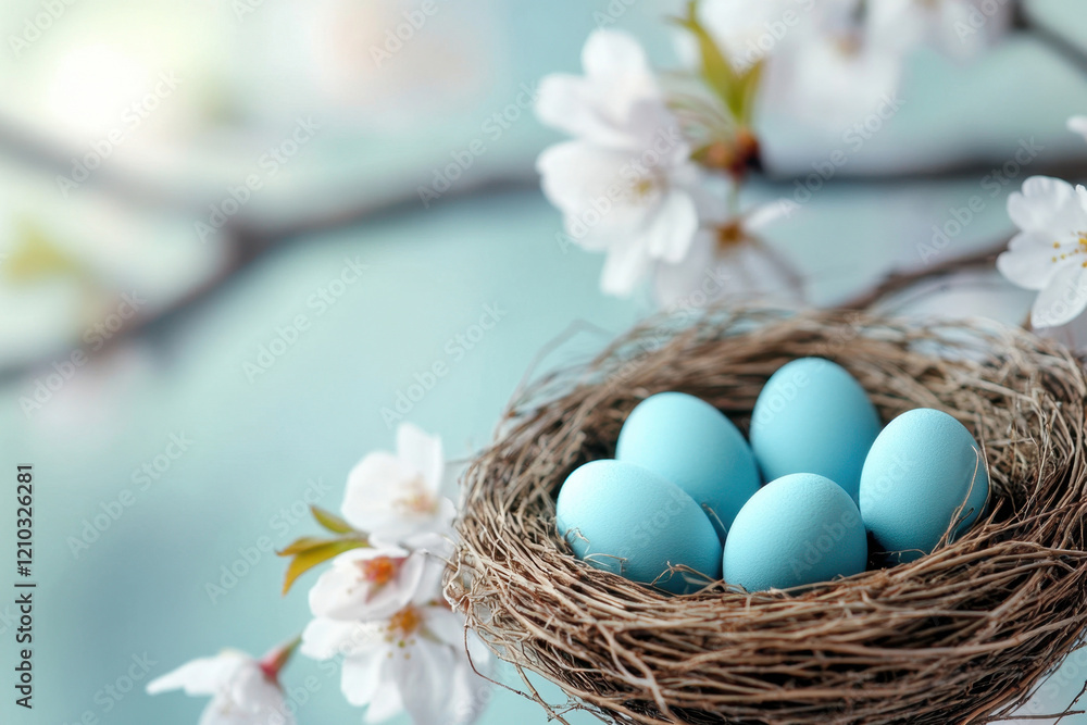 Blue eggs nestled in a bird's nest surrounded by delicate blossoms Blue eggs nestled in a bird's nest surrounded by delicate blossoms