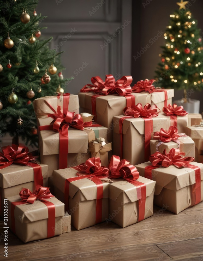Christmas presents wrapped in paper and ribbons, gift bags, colorful paper Christmas presents wrapped in paper and ribbons, gift bags, colorful paper