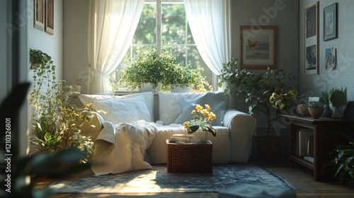 Fototapeta Naklejka Na Ścianę i Meble -  Boho cozy living room design, bright wall mockup, 3d render, 3d illustration