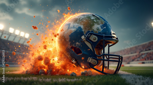 Casque de football américain au motif du globe terrestre embrasé au milieu du terrain sous les projecteurs  photo