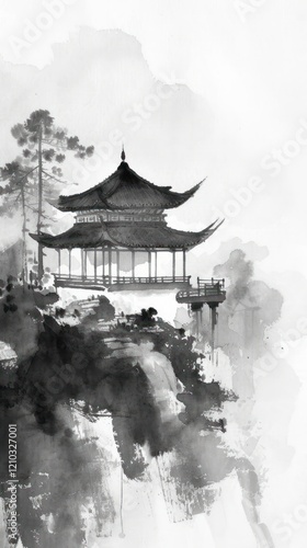 Ink painting minimal of architecture building drawing sketch