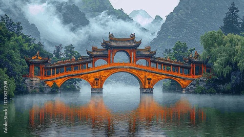 Misty Mountain Bridge, China. Asian Architecture