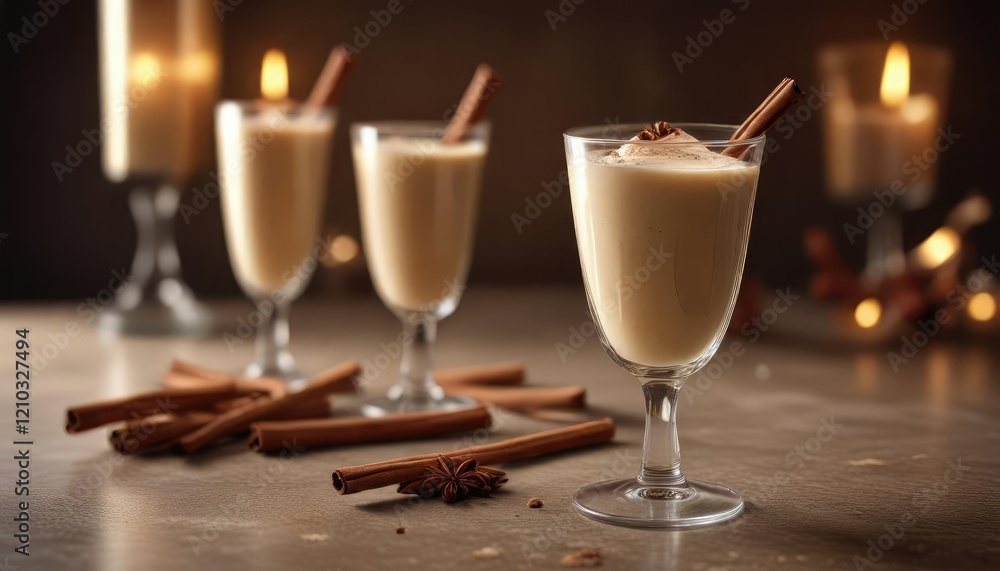 Cinnamon stick garnish in a elegant cocktail glass filled with creamy brandy Alexander drink , stick, glass, liquid