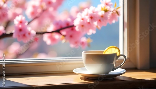 A cozy scene of a warm cup of tea and a blanket by the window with autumn leaves outside (1)