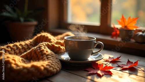 A cozy scene of a warm cup of tea and a blanket by the window with autumn leaves outside (1)