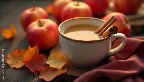 A cozy scene of a warm cup of tea and a blanket by the window with autumn leaves outside (1)