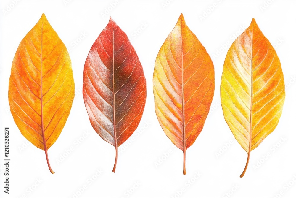 Naklejka premium Autumn leaves collection showcasing vibrant orange and yellow tones on a crisp backdrop, perfect for seasonal designs and nature-themed projects
