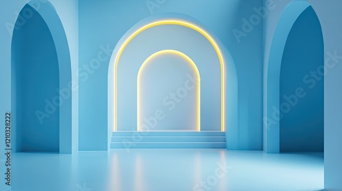 Universal light blue background with smooth floors and elegant built-in lighting, perfect for presentations or product displays.