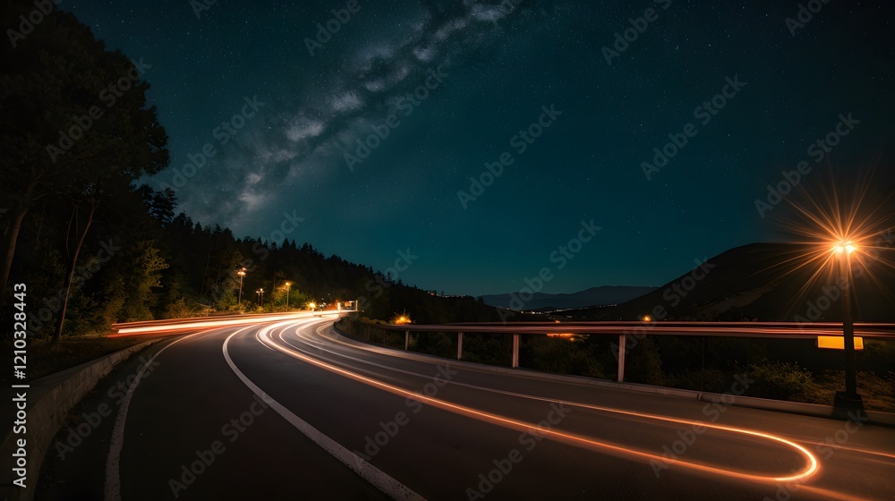 Obraz premium Road at Night with Light Trails 