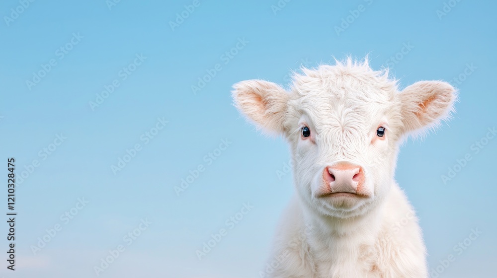 Obraz premium White calf portrait, outdoors, clear sky background, farm animal