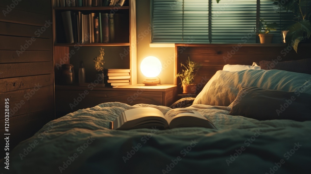 A cozy reading nook in a bedroom with a glowing lamp on a bedside table and a neatly arranged bedspread. A cozy reading nook in a bedroom with a glowing lamp on a bedside table and a neatly arranged bedspread.