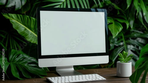 Office computer monitor mockup with lush exotic plants, ai generated
