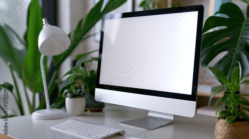 Pc display mockup and tropical plants at workplace, ai generated