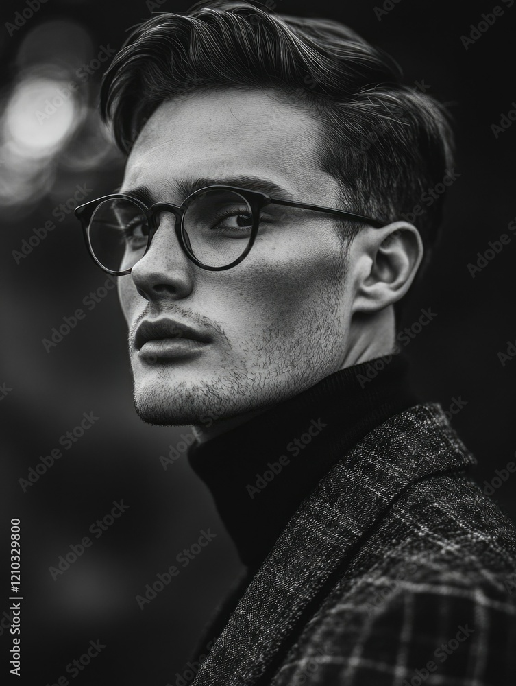 Obraz premium Elegant Fashion Portrait of a Man with Glasses and Stylish Haircut